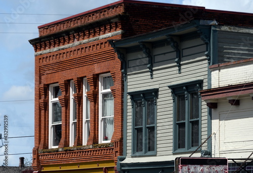 Exterior details of old brick building in historical district of Snohomish photo