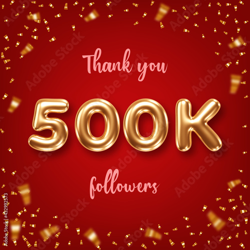 Thank you followers. Social media achievement poster with golden 3d numbers and confetti on red background