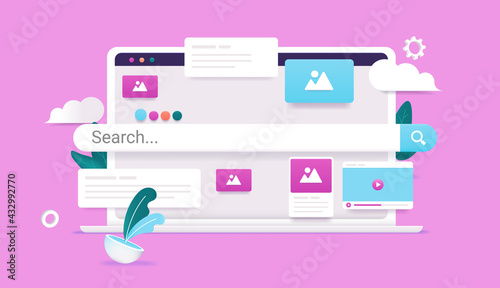 Web search on laptop - Computer with search bar and graphical elements on pink background. Vector illustration.