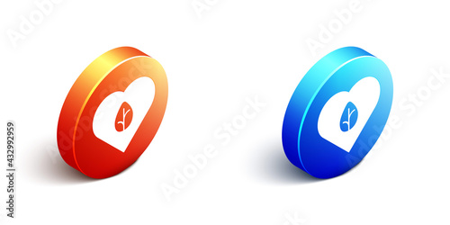 Isometric Vegan food diet icon isolated Isometric background. Organic, bio, eco symbol. Vegan, no meat, lactose free, healthy, fresh and nonviolent food. Orange and blue circle button. Vector