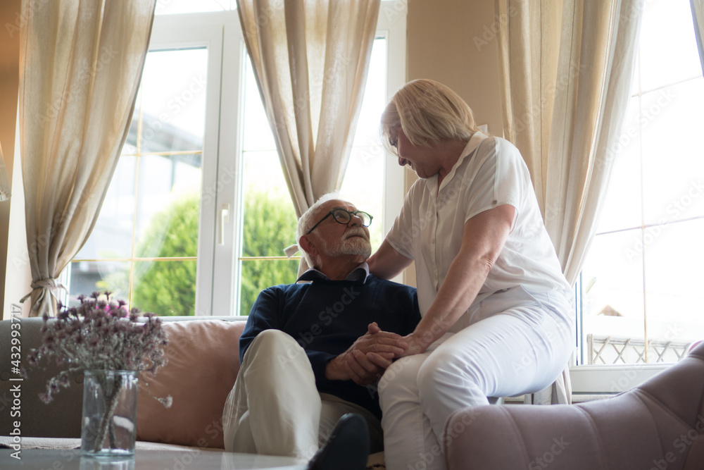 A good-looking senior couple enjoys their time together. They are sitting on the sofa, smiling and hugging.