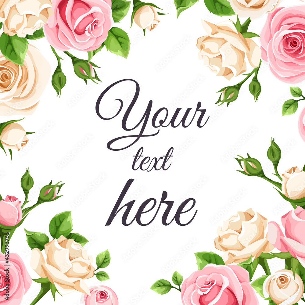 Vector greeting or invitation card with pink and white rose flowers.