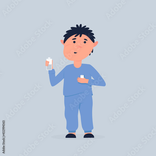 The boy uses a mouthwash. You need to teach your child to rinse his mouth after sweets, to prevent tooth decay. Daily treatment for dental health. Flat vector illustration.