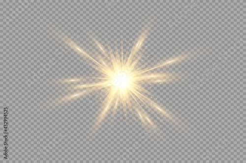 Yellow glowing transparent light burst explosion. Vector illustration for cool effect decoration with ray sparkles. Bright star. Transparent shining gradient glitter, bright flare. Glare texture.