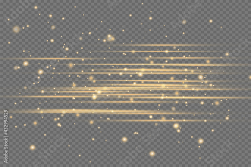 Yellow horizontal lens flares pack. Laser beams, horizontal light rays. Beautiful light flares. Glowing streaks on dark background.