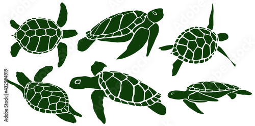 Turtle. Icon in deep green color, isolated on white background. Creative original illustration. Sticker. Graphic design element. Template. Hand drawn. Vector EPS10. 