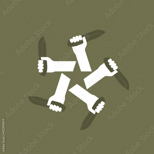 Vector symbol star, hands holding knifes hand holding a screwdriver. Green background.