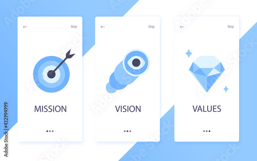 Mission, vision and values flat style design icons signs web concepts vector illustration set isolated on white background. Web page template concepts for business company strategy and teamwork plan.
