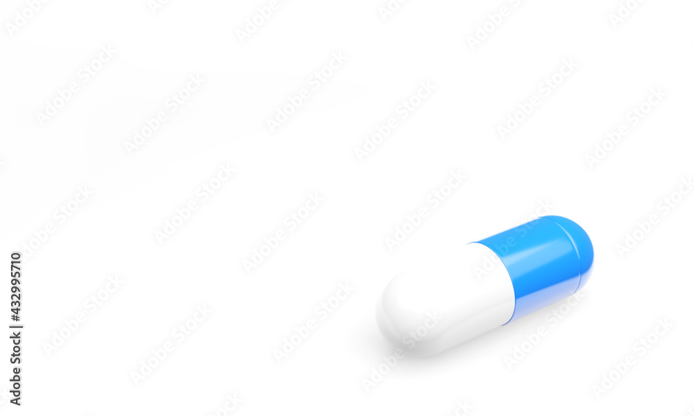 White medicine capsule with a blue cut on white background White medicine capsule with a blue cut on white background