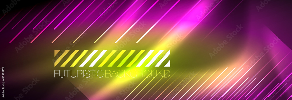 Neon glowing lines, magic energy and light motion background. Vector wallpaper template Neon glowing lines, magic energy and light motion background. Vector wallpaper template