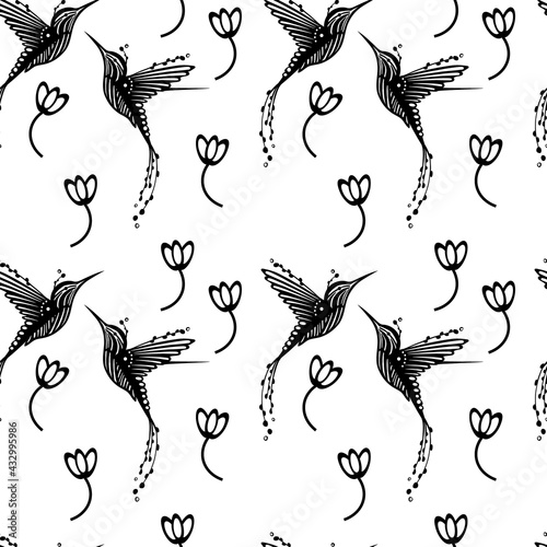Vector seamless pattern with flying colibri and flowers. Hand drawn texture, background, wallpaper.