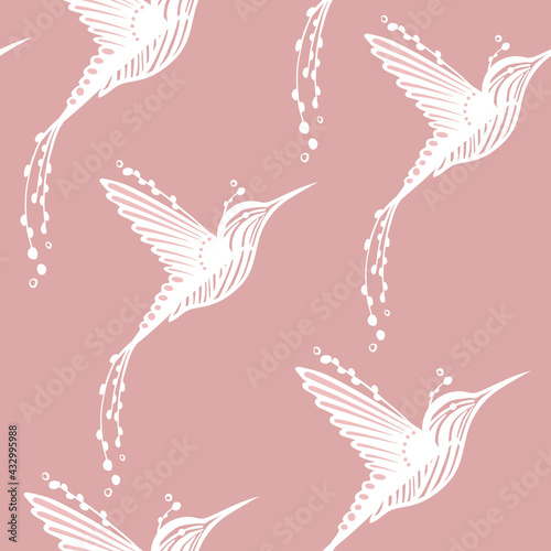 Vector seamless pattern with flying colibri or hummingbird on the pink background.