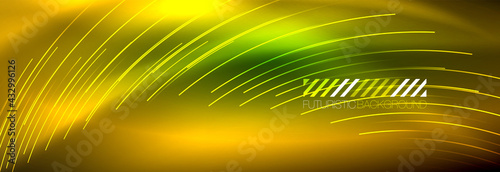 Neon glowing lines  magic energy and light motion background. Vector wallpaper template