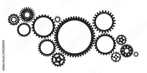 Gear system. Connected cogwheels systems, machine engine mechanism. Abstract technology structure with gears, cogs, wheels vector background. Planning and construction development concept