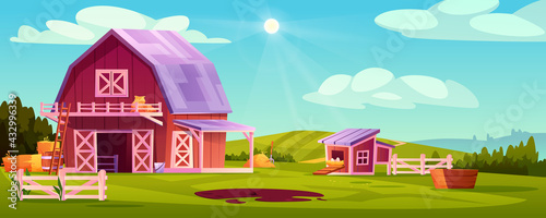 Farmyard outside scenery landscape vector illustration. Wooden barn farm house, green rural farm, chicken coop with eggs in nest, stalks of hay, blue sky on background, ladder, pitchfork and barrel