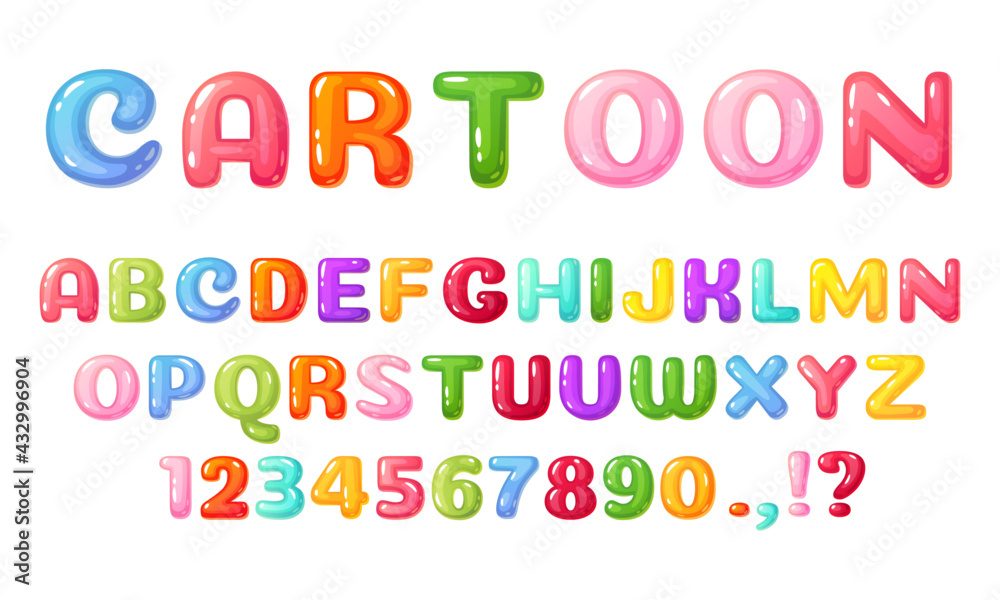 Cartoon kids font. Colorful comic alphabet for children. Cute childish bubble letters and numbers, glossy candy or jelly kid book lettering vector. Childish type for events, promotions - obrazy, fototapety, plakaty 