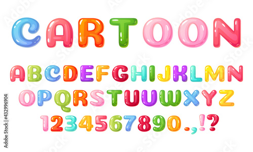 Cartoon kids font. Colorful comic alphabet for children. Cute childish bubble letters and numbers, glossy candy or jelly kid book lettering vector. Childish type for events, promotions photo