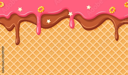 Ice cream cone seamless pattern. Waffle texture with melting strawberry and chocolate glaze. Dripping syrup with sprinkles vector background. Topping smudges on waffle. Horizontal crispy element