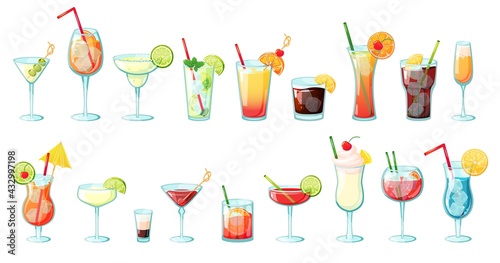 Alcohol drinks. Summer tropical cocktails with ice, citrus fruits, mint. Glasses with alcoholic beverages margarita, martini, mojito vector set. Exotic lemonade with tropical ingredients