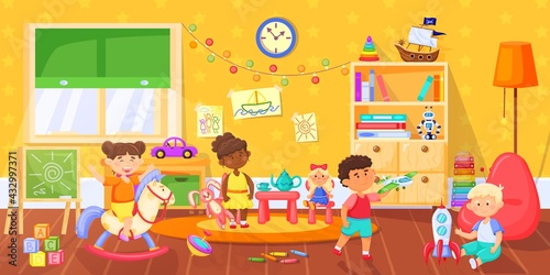 Kids in playroom. Happy children playing with toys in montessori kindergarten. Playful toddlers in preschool classroom vector illustration. Boys and girls playing with plane, rocket and horse