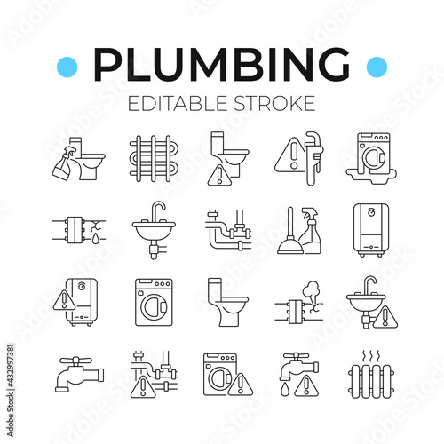 Plumbing linear icons set. Thin line customizable illustration. Contour symbol. Vector isolated outline drawing. Editable stroke