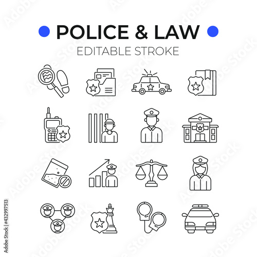 Police linear icons set. Law enforcement. Transport, protection equipment. Thin line contour symbols. Isolated vector outline illustrations. Editable stroke