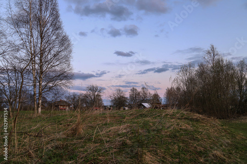 Countryside view - grass field, trees and village houses in the distance at dusk. Spring landscape