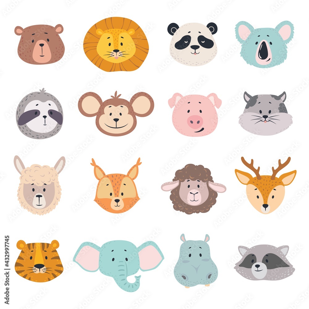 Fototapeta premium Animal faces. Cute doodle head of bear, lion and panda, monkey and pig, tiger. Elephant, cat and deer, behemoth vector cartoon characters. Safari and wild forest adorable cartoon animals
