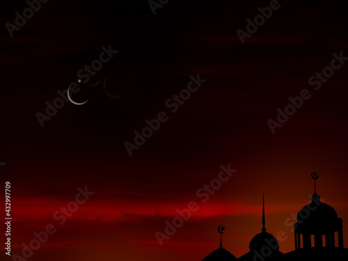Ramadan kareem religion symbols. Mosques Dome in twilight night with Crescent Moon and sky dark black background. for eid al-fitr  arabic  Eid al-adha concept.