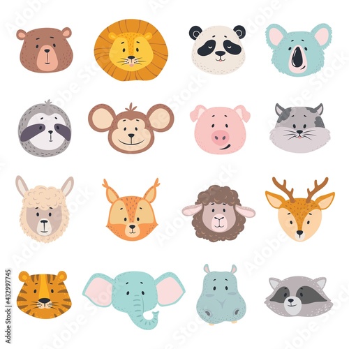 Animal faces. Cute doodle head of bear  lion and panda  monkey and pig  tiger. Elephant  cat and deer  behemoth vector cartoon characters. Safari and wild forest adorable cartoon animals
