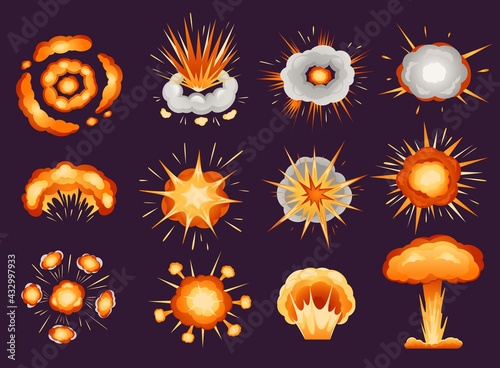 Comic explosion. Bomb detonation, fire burst explosive effects with smoke, nuclear mushroom cloud. Cartoon blast explosions effect vector set. Energy blast, powerful dynamite shot, flame