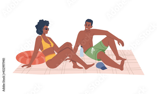 Summer beach vacation, afro american couple sitting on blanket and sunbathing, flat cartoon vector illustration. Man and woman in swimsuits chilling on seashore, rest on holiday together, water bottle