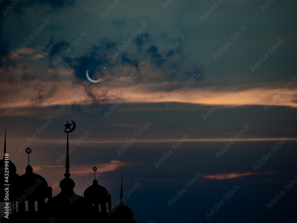 Ramadan kareem religion symbols. Mosques Dome in twilight night with Crescent Moon and sky dark black background. for eid al-fitr, arabic, Eid al-adha concept.