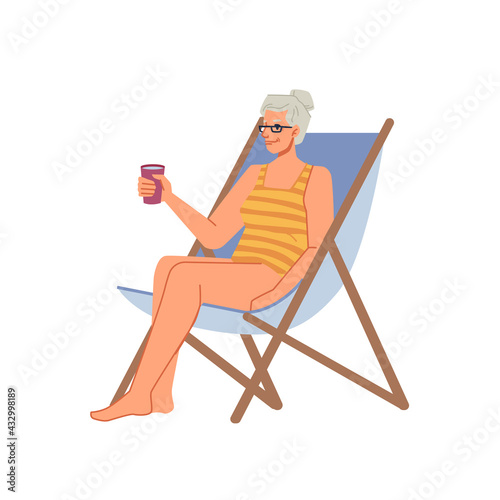 Grandmother senior woman in bikini swimsuit sitting on chaise lounge with cocktail, sunbathing on beach flat cartoon character. Vector lady in sunglasses chilling on seashore, rest on holiday vacation