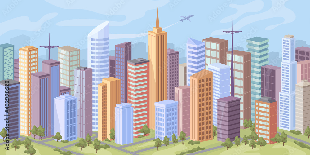 City panorama, skyscraper offices, real estate buildings, road and trees on green grass flat cartoon vector. Cityscape background, modern urban town architecture. Downtown at day, facade exteriors