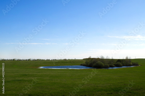 summer landscape of green meadow and sky with a small pond