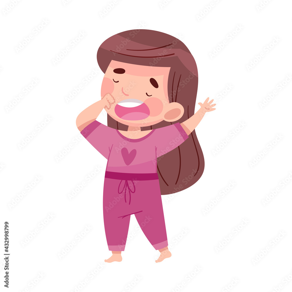 Cute Girl in Pajamas Stretching and Yawning Feeling Sleepy Vector Illustration