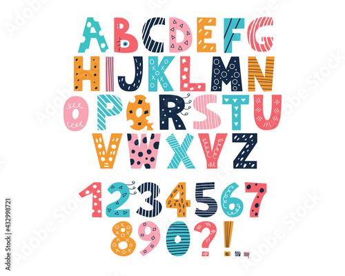 Latin multi-colored alphabet and numbers from 0 to 9 in the style of doodles on a white background. Cute bright vector English capital letters, funny hand-drawn font