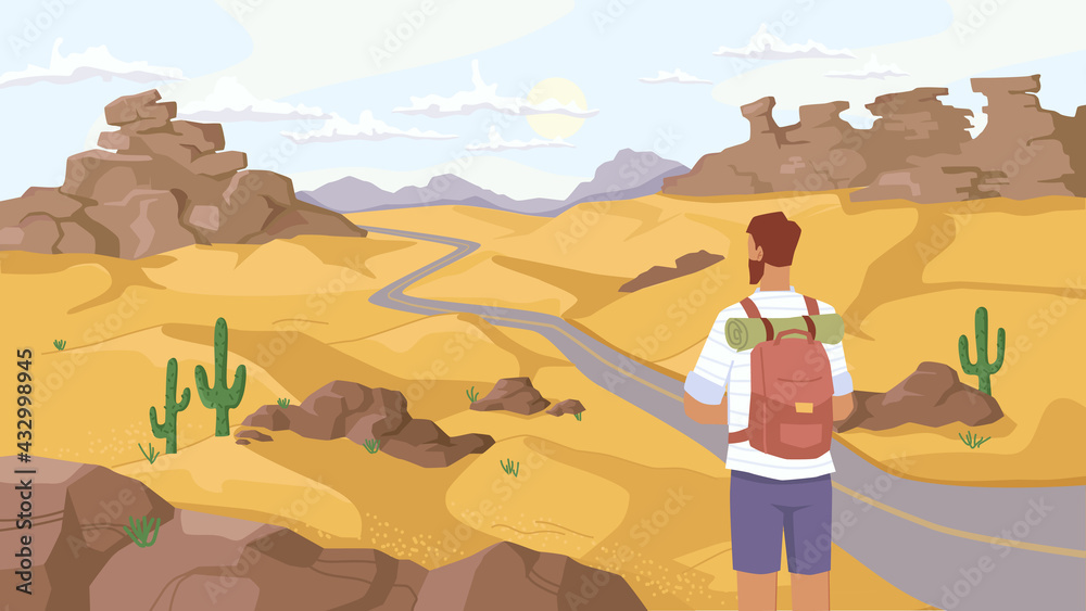 Travel in Sahara desert, man traveler observe beautiful landscape on savanna, rocky mountains and green cactus plants. Back view of guy with rucksack watch on road in sand, outdoor adventure - obrazy, fototapety, plakaty 