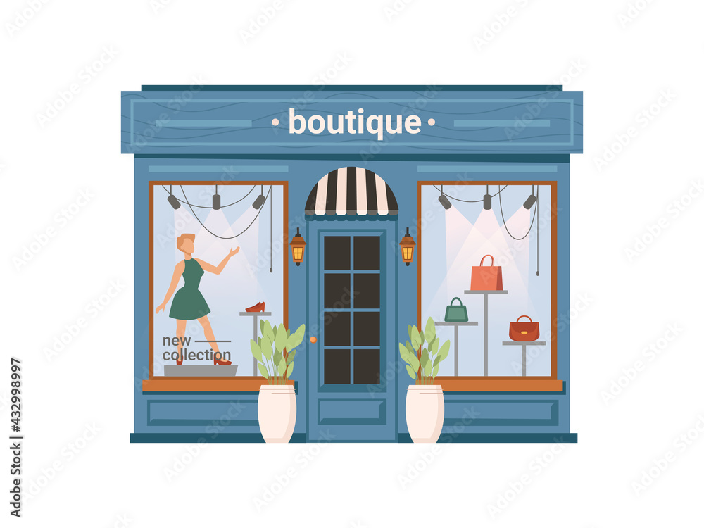 Boutique shop facade exterior isolated clothing store, cartoon building. Vector window with mannequin, shopfront with modern cloths, small city mall with dummy, urban showroom, flowerpots at entrance