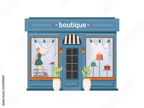 Boutique shop facade exterior isolated clothing store, cartoon building. Vector window with mannequin, shopfront with modern cloths, small city mall with dummy, urban showroom, flowerpots at entrance