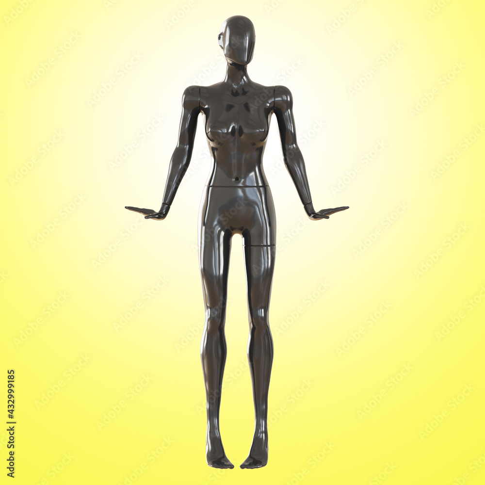 A female black faceless mannequin stands with her palms bent out to the sides against a yellow backlit background. Front view. 3d rendering A female black faceless mannequin stands with her palms bent out to the sides against a yellow backlit background. Front view. 3d rendering