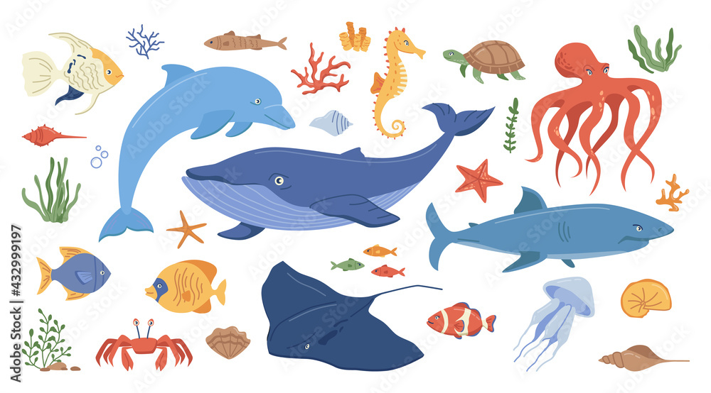 Ocean animals set isolated flat cartoon icons. Vector marine creatures,  childish kids underwater animals. Seaweed, algae and seashells, jellyfish  and whale, shark and turtle, squid and clown fish Stock Vector | Adobe