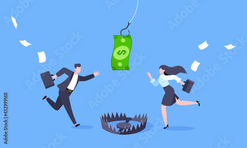 Fishing money chase business concept with business people running after dangling dollar and trying to catch it. Working hard and always busy in the loop routine flat style design vector illustration.