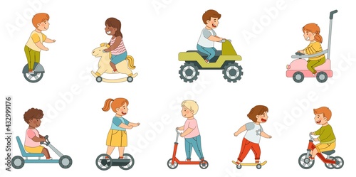 Little Kids Driving Electric Car and Riding Scooter Enjoying Outdoor Activity Vector Set