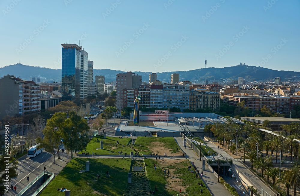 Barcelona skyline and Joan Miro square, Plaça Espanya, Barcelona, Spain