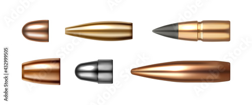 Set of bullet icons isolated on white. Vector cartridges, weapon ammo types and sizes in realistic design. ammunition shells, shotgun, gun and sniper rifle, firearm bullets. Copper hunting objects