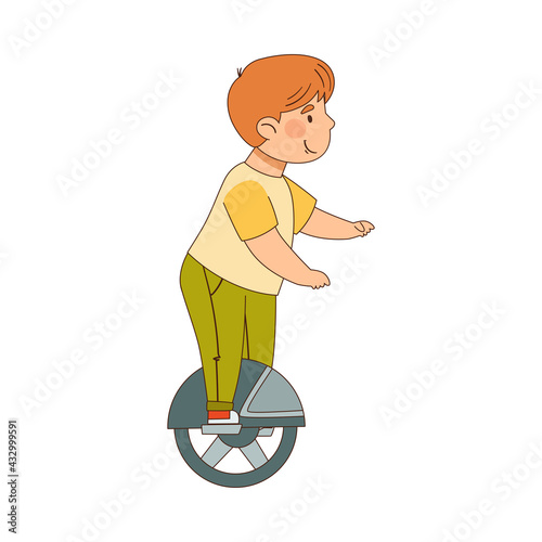 Little Boy Driving Electric Unicycle Enjoying Outdoor Activity Vector Illustration