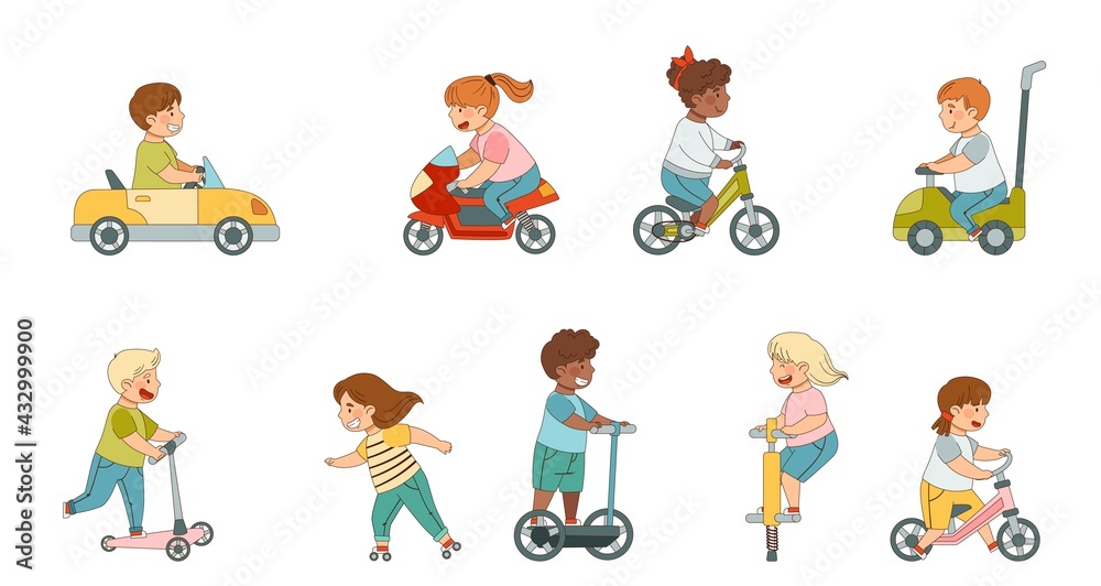 Little Kids Driving Electric Car and Riding Scooter Enjoying Outdoor Activity Vector Set Little Kids Driving Electric Car and Riding Scooter Enjoying Outdoor Activity Vector Set