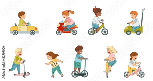 Little Kids Driving Electric Car and Riding Scooter Enjoying Outdoor Activity Vector Set